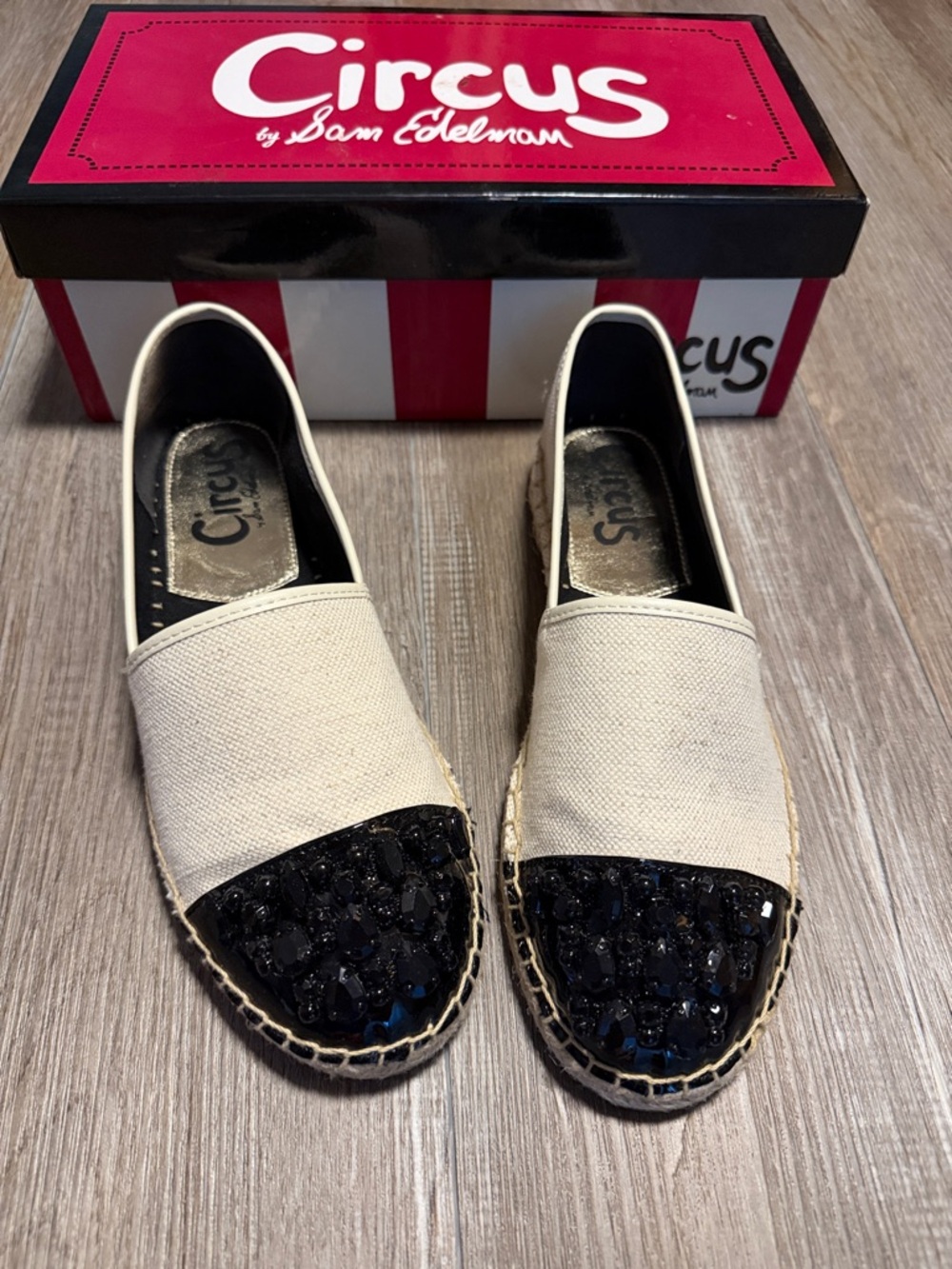 Circus by Sam Edelman Beige Canvas Espadrilles with Black Beaded Toe